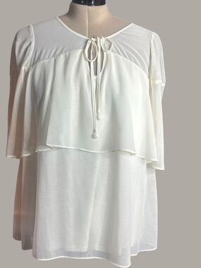 Women's Cream Tie-Neck Layered Cape Blouse
